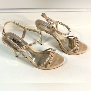 Carlos beige/tan sandals with rhinestones. Ankle strap/open toe heel Size10
